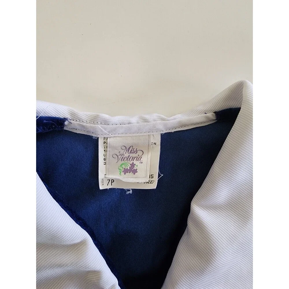 Vintage 80s 90s Royal Blue Velvet White Collar Girls Dress Victorian Style 7P